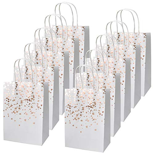 Jinlaili 12 Stück Geschenktüten aus Kraftpapier, Papiertüten mit Henkel, Bronzing Kraft Tasche mit Gold Herz Verzierung, Party Geschenk Papiertüten für Weihnachten/Hochzeit/Geburtstag Party (Weiß)