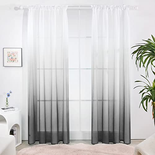 Deconovo Sheer Curtains Voile Curtains Rod Pocket Voile Sheer Drapes for Living Room with Ombre, Dark Grey，52x108 Inch