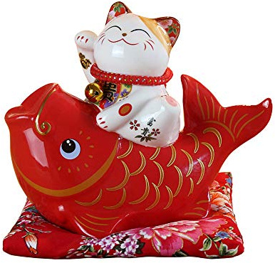 Maneki Neko Glückskatze Glücksbringer Spardose aus Porzellan, Keramisch Statuette für Zuhause Büro und Laden Dekoration, Weiße Katze und Roter Fisch, 18.5x10x16cm/7.3x3.9x6.3inch