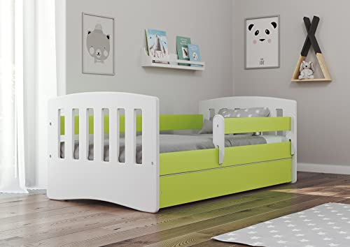 Bjird Kinderbett Jugendbett 80x160 80x180 mit Rausfallschutz Matratze Schublade und Lattenrost Kinderbetten für Mädchen und Junge - Classic I (80 x 180 cm mit Matratze, Grün)