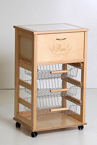 Totò Piccinni Carrellino in Legno da Cucina con Rotelle Mattonelle e Cestelli in Acciaio (con Portapane, Naturale)