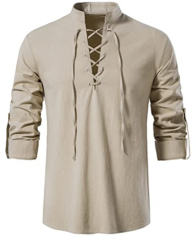 YAOHUOLE Camicia Lino Uomo Classica Medievale Elegante Camicia Maglietta in Lino con Lacci Uomo Khaki 2XL