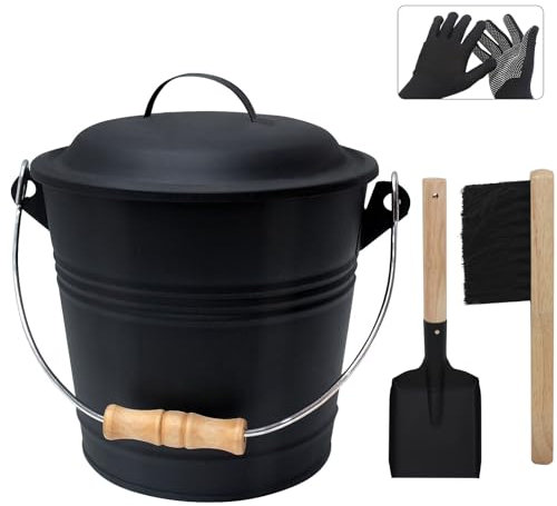 Poofzy Ash Bucket with Lid and Shovel, 1.3 Gallon Fireplace Bucket for Ashes, Includes Hand Broom and Gloves for Fire Pit, Wood Burning Stove and Grill
