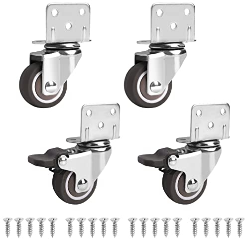 Set di 4 Rotelle per Mobile, 32 mm Ruote Girevoli con Piastra di Montaggio a L, Ruote in Gomma Pesanti con Cuscinetti per culle e mobili, supporto per fiori, Carico Massimo 60 kg (2 standard+2 freni)