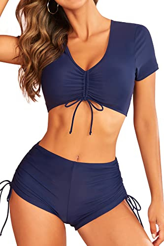 SHEKINI Costume da Bagno da Donna a Vita Alta, Set Bikini con Scollo a V, Maniche Corte, Due Pezzi, Costume da Mare Imbottito con Coulisse, Blu scuro, M