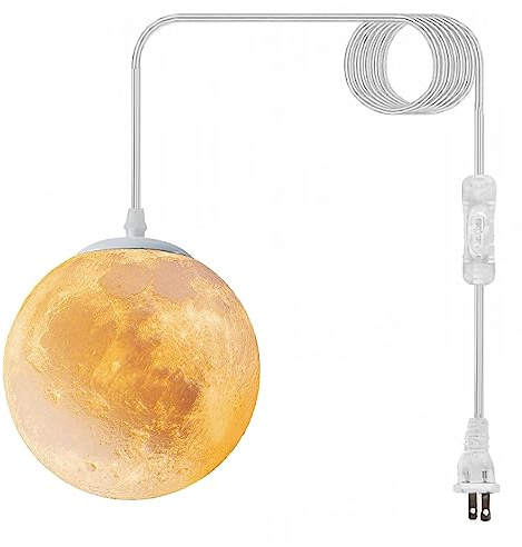 JLOWCO Plug-in Moon Pendant Light, Hanging Lamp with Switch & Cord, 3-Color Dimmable LED Ceiling Lamp for Kids’ Bedroom or Nursery, White Lunar Night Light (Warm,Neutral,White,LED Bulb Included)