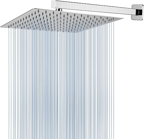 Voolan Ganzmetall-Duschkopf mit Verlängerungsarm, Edelstahl-Wasserfall-Regenduschköpfe, hoher Durchfluss, quadratischer Regenduschkopf (30,5 cm Duschkopf mit 40,6 cm Duscharm, Chrom)