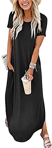 Damen Sommerkleid Lang Strandkleid Sommer Maxikleid Kurzarm Rundhals T Shirt Kleid mit Tasche Einfarbig Langes Shirtkleider Lässig Locker Sommerkleider Freizeitkleid Blusenkleid