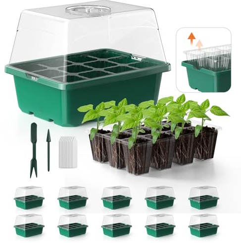 POROLIR Seed Starter Tray, 10PCS Seed Starter Kit, Seedling Starter Trays with Heightened Lids for Seed Staring, Indoor Gardening Plant Germination Trays (12 Cells per Tray) Green