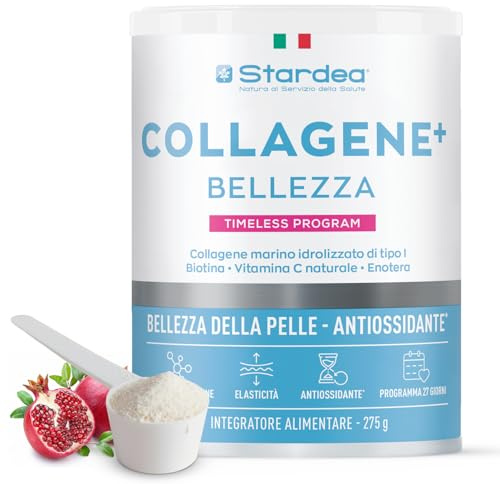 Collagene Marino con Acido Ialuronico 275g | 9g Collagene Marino e Acido Ialuronico + Vitamina C Naturale, Biotina | Pelle Idratata, Capelli Forti | STARDEA COLLAGENE+ BELLEZZA | Gusto Melagrana | 9 g Di Collagene Con Vitamina C Naturale E Biotina - Per Pelle Idratata E Capelli Forti - Gusto Melagrana