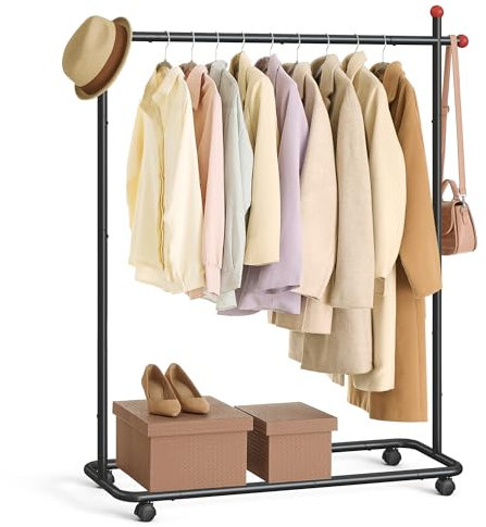 SONGMICS HOME Kleiderständer auf Rollen, Garderobenständer, 1 Kleiderstange, Haken in Streichholz-Form, stabil, Schlafzimmer, Flur, tintenschwarz HSR170B01