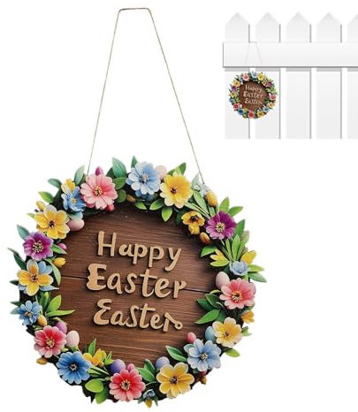 Osterkranz für die Haustür - Frohe Ostern Türaufhänger aus Holz an der Eingangstür von Frohe Ostern | Osterkranz aus Holz, hängende Dekoration