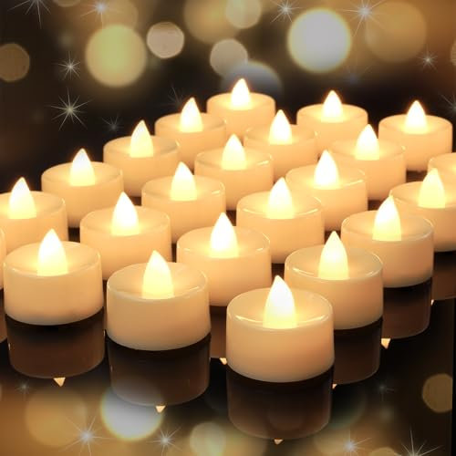 AMAGIC Lot de 24 bougies chauffe-plat à LED scintillantes - Durée de vie de plus de 100 heures - Fonctionnement à piles - Pour centre de table, décoration de salon