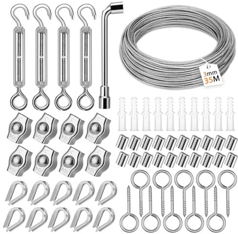 USHOP 35m Cable de Acero Inoxidable,Cable de Alambre Acero,Kit de cuerda de alambre con tensores de alambre,Tensor Cable Acero para Colgar Plantas Trepadoras, Tendedero Exterior, Lámpara Colgante