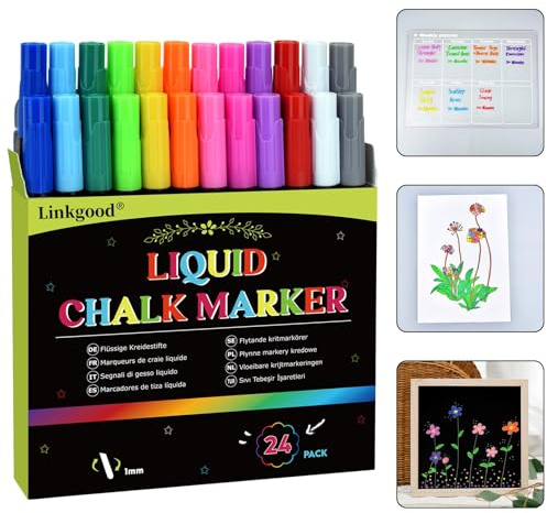 24 Kreidestifte für Tafel Abwaschbar, 12 Farben Fensterstifte Fenstermalstifte Weißwandstifte Kreidemarker Tafelstifte für Fenster Kreidetafel Whiteboard Glas für Erwachsene Kinder, 1MM Feine