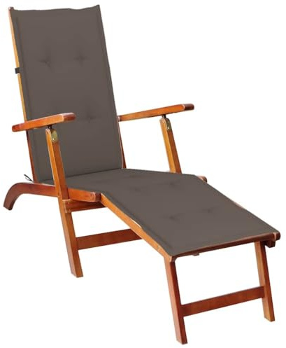 Myheimly Akazienholz Massiv Liegestuhl mit Fußstütze Auflage Deckchair Holzliege Gartenmöbel Liege Relaxliege Gartenliege Sonnenliege Taupe
