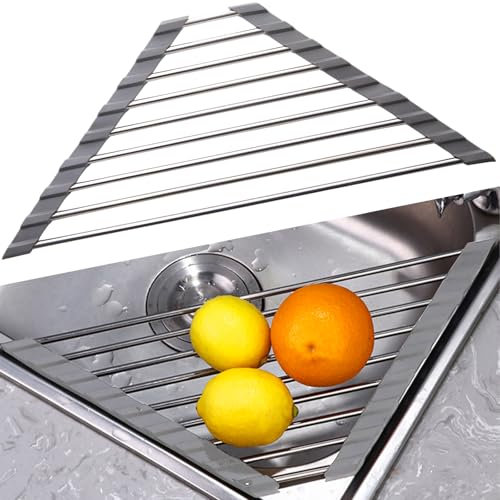 Ulawellor Scolapiatti triangolari,Scolapiatti arrotolabile triangolare,Scolapiatti da Appoggio,porta spugna da cucina,Scolapiatti da Lavello Scola Piatti Lavandino in Acciaio Inox(Grigio)