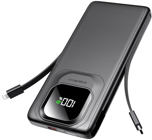 Portable Charger Power Bank with Built-in Type C Cables, 22.5W Fast Charging 10000mAh Phone Charger, Travel Battery Pack Slim Battery Bank with LED Display for iPhone, Android & USB-C (Black)