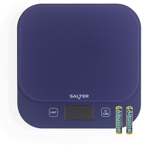 Salter British Bakes Bilancia da Cucina Digitale – Elevata Capacità di 10kg, Misura i Liquidi, Impermeabile, Funzione Tara, Piattaforma in Vetro, Precisione di 1g, Display Retroilluminato, Viola
