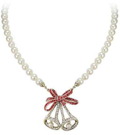 EVER FAITH Weihnachten Jingle Bell Halskette für Damen, Vintage Statement rot Strass Kristall Bowknot Double Bells Anhänger simuliert Perle Choker Kragen Halskette Schmuck Geschenke