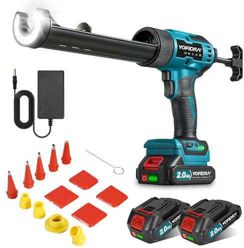 Yofidra Pistolet à Silicone Électrique – Pistolet à Cartouche à Batterie, Force de Poussée 600 kg, 6 Vitesses, Lumière LED, 2 Batteries 2.0Ah, 13 Accessoires Dont 5 Buses, pour Cartouches 300ml