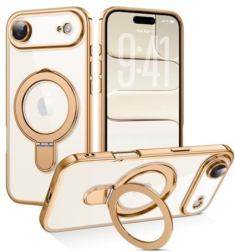 BENTOBEN Magnetic Case for iPhone 17 Air [Compatible with MagSafe], Built-in Camera Lens Protector Ring Holder Stand Plating Clear Anti-yellow Thin Shockproof Phone Case for iPhone Air, Light Gold