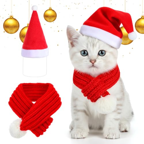 Weihnachtsmütze und Schal Set, Rot Weihnachtsmütze Hunde Katzen Schal, Haustier Weihnachtskostüm, Weihnachten Katzenkostüm Hundekostüm für Kleine Mittlere Große Hunde Katzen Geschenke Weihnachten (S)