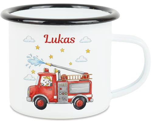 Kiddle-Design Feuerwehr Tasse Kinder Personalisiert mit Name - Kinderbecher für Kindergarten, Kita - Kindertasse mit Feuerwehrauto und Feuerwehrmann als Trinkbecher, Zahnputzbecher - Tasse Schwarz