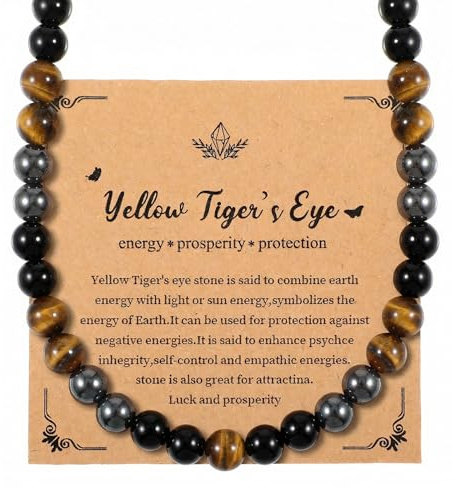 DOPENSPI Beaded Mens Necklace, 20.8 Inch Men's Tiger Eye Stone Hematite Black Lava Beaded Necklace Mens Charm Men's Jewellery Gifts for Birthday Christmas Father's Day