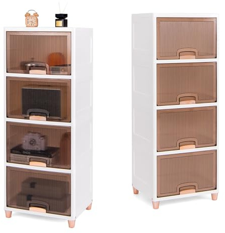 KOMFOTTEU Caja Almacenamiento 150L 4 Niveles con Tapa | Contenedor Apilable con Puertas Magnéticas, Caja Organizadora de Plástico para Dormitorio, Salón, Oficina, 45 x 38 x 117 cm