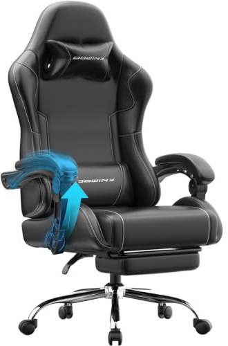 Dowinx Gaming Stuhl, Ergonomischer Chair, Gamer Sessel mit Fußstütze, 150KG Belastbarkeit Gamingstuhl mit Verstellbare Armlehnen, PC Computerstuhl Bürostuhl, Schwarz