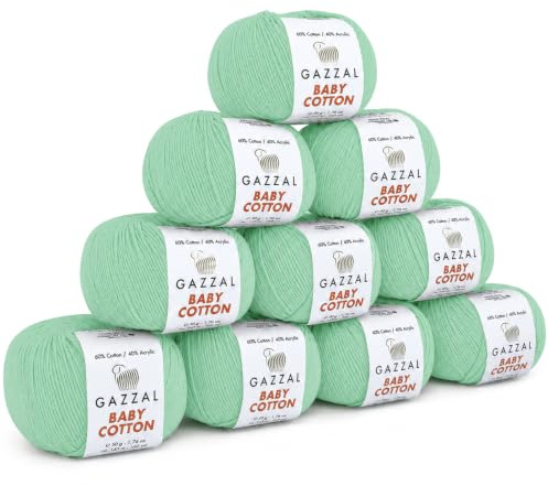 Gazzal Baby Cotton - 60% Baumwolle -10 Knäuel je 50 g /165 m - dünne Wolle zum Häkeln - Strickgarn - Häkelgarn - Pflegeleicht und hautfreundlich - Nadelstärke 3-4 (MINZGRÜN)