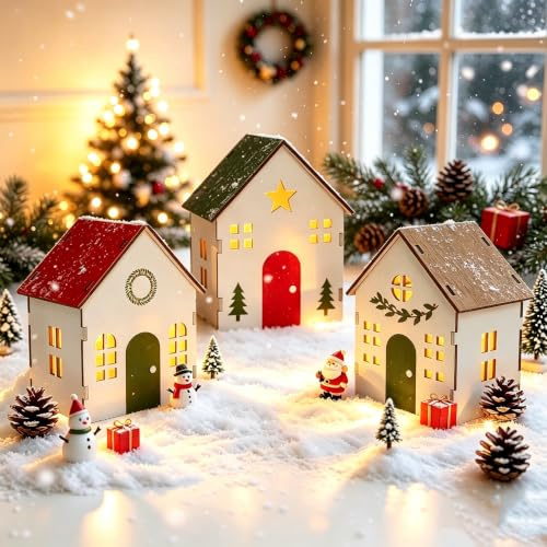 Julby med belysning, julhus, upplyst juldekoration | 3 stycken julbyar, trähus med varmvit LED, juldekoration amerikanskt trä vinterlandskap, dekoration, julby