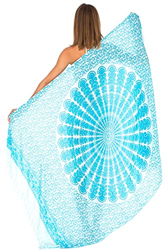 SHU-SHI – damsarong för stranden – att bära över baddräkter & bikinis – mandala fenmönster, Turkos/vit, En Storlek, Casual strandmode, boho-sarong