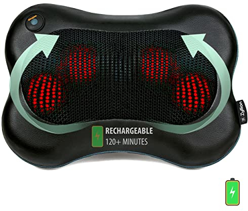Zyllion Shiatsu Back and Neck Massager - Cordless Rechargeable 3D Kneading Massage Pillow with Heat for Muscle Pain Relief - Black (ZMA-13RB-BK)