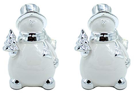 DARO DEKO Keramik Schneemann Silber-weiß 14cm - 2 Stück