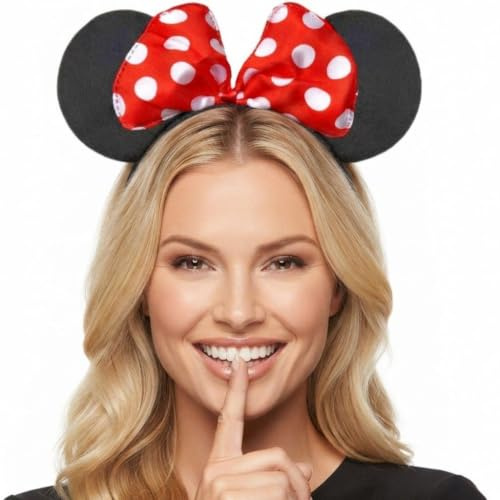 Hatstar Haarreifen mit Mini Maus Ohren | Mouse Ears in schwarz mit roter Schleife und weißen Punkten | Haarschmuck für Fasching & Karneval | Kostüm für Kinder und Erwachsene