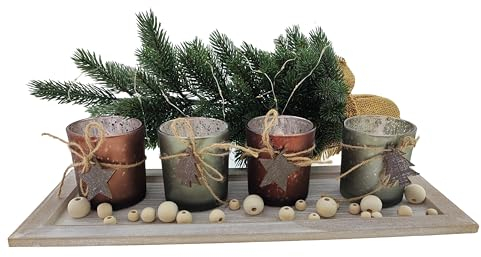 MC-Trend Teelichthalter mit 4 Gläsern und Deko Holzperlen in braun und grün 40 cm Weihnachtsdeko aus Holz & Glas Tischdekoration Adventskranz Kerzen Weihnachten Tannenbaum Stern