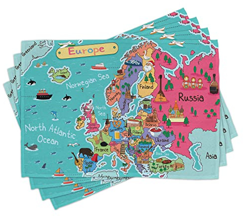 ABAKUHAUS Mapa Salvamantel Set de 4 Unidades, De Dibujos Animados Europa Mapa Lugar de interés, Material Lavable Estampado Decoración de Mesa Cocina, Multicolor