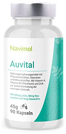 Auvital - 90 Kapseln | Nahrungsergänzungsmittel: Mit Vitamin A, Vitamin B2 (Riboflavin) & Zink zur Aufrechterhaltung der normalen Sehkraft | 20mg Lutein | 50 mg Resveratrol | 4mg Zeaxanthin