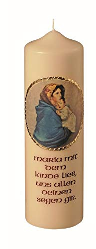 Wiedemann Marienkerze 20 x 6 cm, Maria mit Jesuskind, Champagnerfarben, Unparfümiert, Zylindrisch, Indoor, Traditionell, Religiös, Handgefertigt und individuell verziert