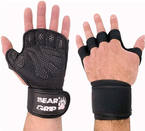BEAR GRIP - Offene Trainingshandschuhe mit extra Handflächenschutz für Crossfit, Bodybuilding, Calisthenics, Powerlifting (Schwarz, S)