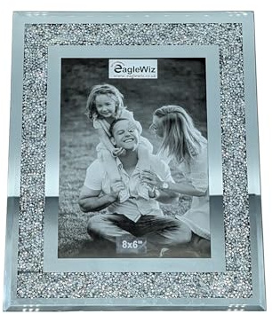 Eaglewiz Silver Crushed Jewel Mirror Glass Picture Frame - Diamant Crystal Wedding & Family Photo Frame - 8x6 (20cm x 15cm)