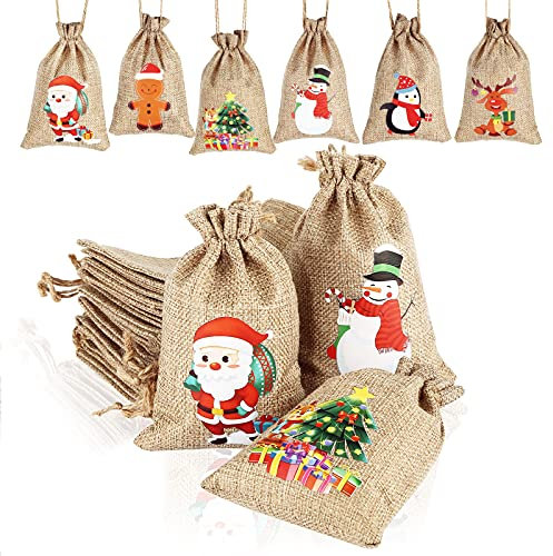 AUERVO 12pcs Christmas Jute Burlap, Xmas Jute Linen Burlap Drawstring Gift Candy Pouch Snack Sack Craft Goodie Bags for kids Xmas Party Favors