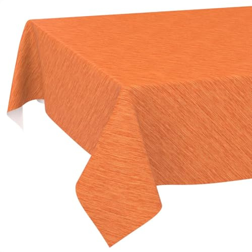 Mantel de Hule Lavable, para jardín, Aspecto de Lino, Cuidado fácil, Impermeable, 220 x 140 cm (Rectangular), Color Naranja, Borde Cortado
