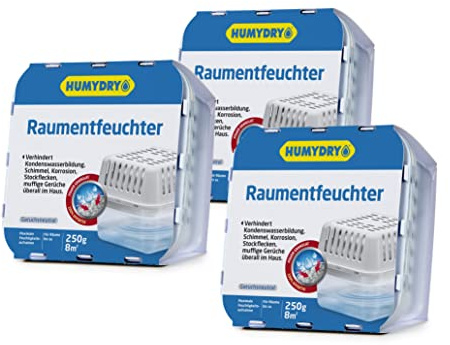 HUMYDRY Compact 250 g – 3er-Pack Raumentfeuchter ohne Strom – Zuverlässige Feuchtigkeitsaufnahme und Geruchsneutralisierung – Für Kleiderschränke und Räume bis 8 m