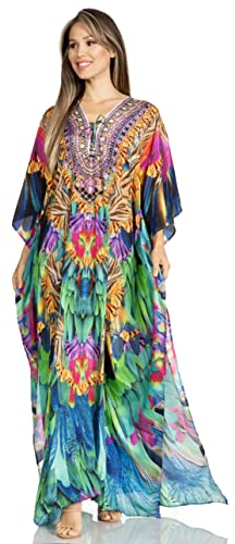 Sakkas 2001 - Yeni Damen Kurzarm V-Ausschnitt Sommer Floral Langes Kaftan Kleid Cover-up - 502 - OS