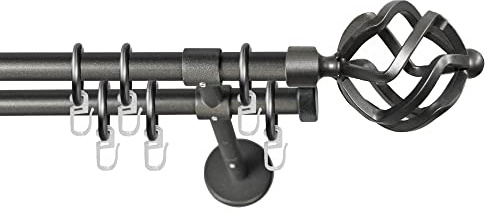 Garesa Gardinenstange Rustika Ø 16mm, 2-läufig, Graphite I Rustikale Vorhangstange aus Metall inkl. Ringe + Faltenlegehaken I Mit Endknopf Korb I 150cm