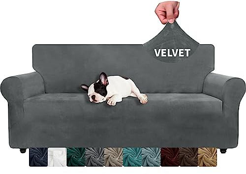 XINEAGE 1 Piece Velvet Couch Covers for 3 Cushion Couch Living Room High Stretch Sofa Cover Pets Dogs Friendly Anti Slip Thickened Slipcovers Furniture Protector (3 Seater, Grey)
