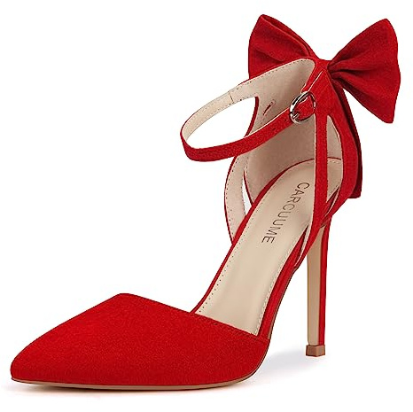 Women's Closed Toe Heels Bow Stiletto Heel Sandals Pointed Toe Pumps Wedding Shoes, BELLEOO-RED-8